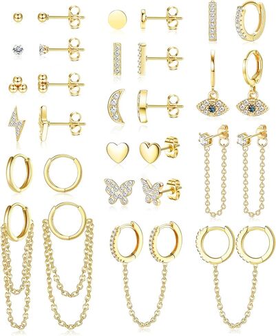 فن رن جوليري مجموعة اقراط هوجي حلقية مطلية بالذهب عيار 14 قيراط للنساء مكونة من 15 زوج، اقراط متدلية على شكل قلب بسيط مرصعة بحجر زركونيا مكعب على شكل قلب مرصع بحجر زركونيا مكعب in Kuwait