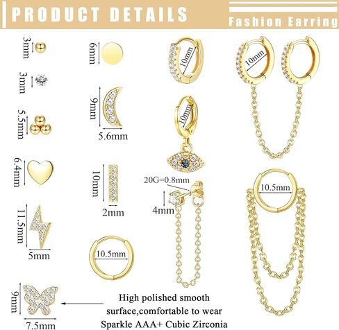 فن رن جوليري مجموعة اقراط هوجي حلقية مطلية بالذهب عيار 14 قيراط للنساء مكونة من 15 زوج، اقراط متدلية على شكل قلب بسيط مرصعة بحجر زركونيا مكعب على شكل قلب مرصع بحجر زركونيا مكعب in Kuwait