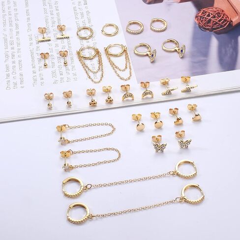 فن رن جوليري مجموعة اقراط هوجي حلقية مطلية بالذهب عيار 14 قيراط للنساء مكونة من 15 زوج، اقراط متدلية على شكل قلب بسيط مرصعة بحجر زركونيا مكعب على شكل قلب مرصع بحجر زركونيا مكعب in Kuwait