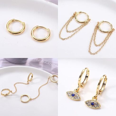 فن رن جوليري مجموعة اقراط هوجي حلقية مطلية بالذهب عيار 14 قيراط للنساء مكونة من 15 زوج، اقراط متدلية على شكل قلب بسيط مرصعة بحجر زركونيا مكعب على شكل قلب مرصع بحجر زركونيا مكعب in Kuwait