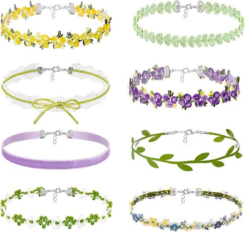 yfstyle 8Pcs Lace Choker Necklaces Set Black/Green Choker Necklace for Women Girls Gothic Velvet Chokers Daisy Choker Necklace Fairy Flower Choker Collars Mother’s day Valentine’s day Gifts in Saudi Arabia