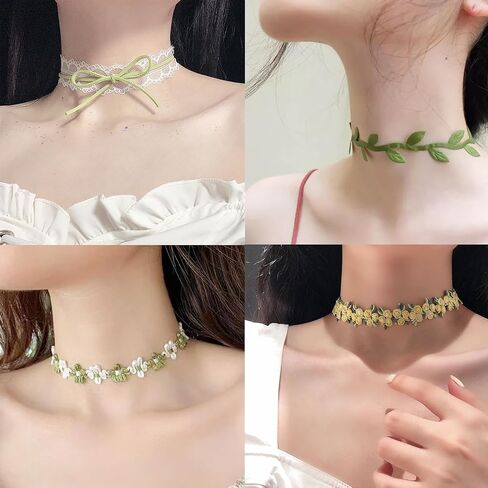 yfstyle 8Pcs Lace Choker Necklaces Set Black/Green Choker Necklace for Women Girls Gothic Velvet Chokers Daisy Choker Necklace Fairy Flower Choker Collars Mother’s day Valentine’s day Gifts in Saudi Arabia