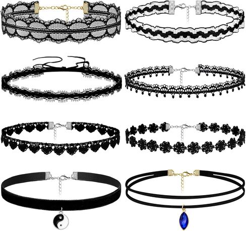 yfstyle 8Pcs Lace Choker Necklaces Set Black/Green Choker Necklace for Women Girls Gothic Velvet Chokers Daisy Choker Necklace Fairy Flower Choker Collars Mother’s day Valentine’s day Gifts in Saudi Arabia
