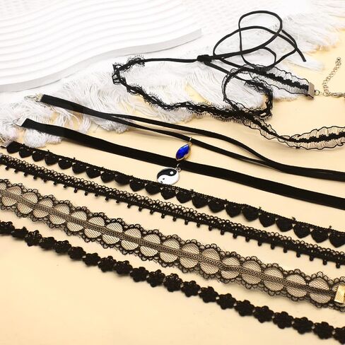 yfstyle 8Pcs Lace Choker Necklaces Set Black/Green Choker Necklace for Women Girls Gothic Velvet Chokers Daisy Choker Necklace Fairy Flower Choker Collars Mother’s day Valentine’s day Gifts in Saudi Arabia