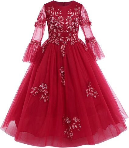 IWEMEK Girls Flower 3/4 Bell Sleeve Tulle Dress Formal Party Bridesmaid Pageant Ball Gowns Floor Length Sequin Princess Dress in Saudi Arabia