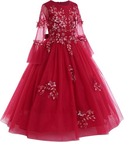 IWEMEK Girls Flower 3/4 Bell Sleeve Tulle Dress Formal Party Bridesmaid Pageant Ball Gowns Floor Length Sequin Princess Dress in Saudi Arabia