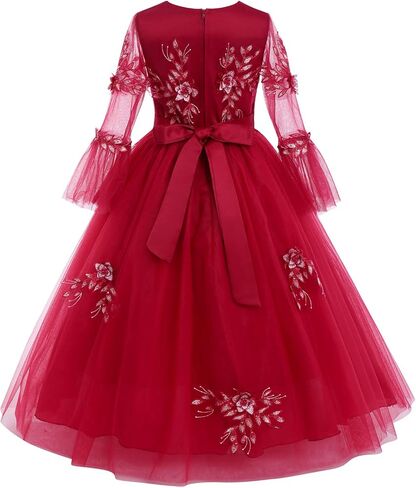 IWEMEK Girls Flower 3/4 Bell Sleeve Tulle Dress Formal Party Bridesmaid Pageant Ball Gowns Floor Length Sequin Princess Dress in Saudi Arabia