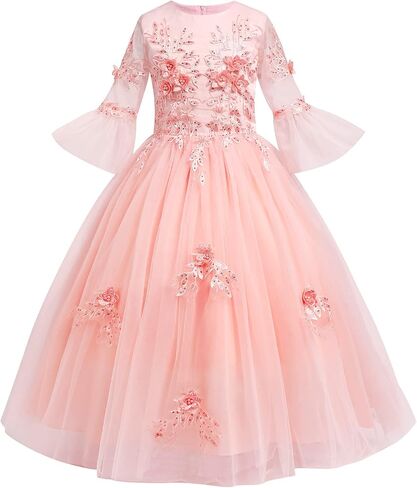 IWEMEK Girls Flower 3/4 Bell Sleeve Tulle Dress Formal Party Bridesmaid Pageant Ball Gowns Floor Length Sequin Princess Dress in Saudi Arabia