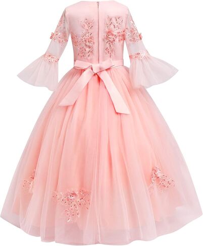 IWEMEK Girls Flower 3/4 Bell Sleeve Tulle Dress Formal Party Bridesmaid Pageant Ball Gowns Floor Length Sequin Princess Dress in Saudi Arabia