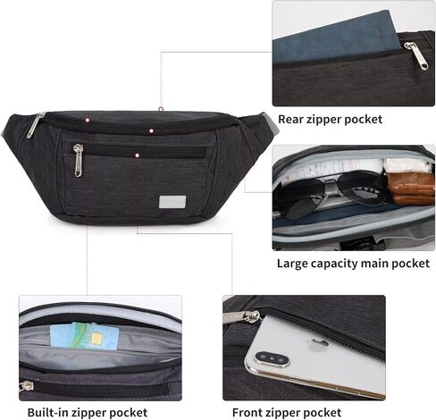 TINYAT Large Fanny Pack Travel Waist Bag Lightweight for Men&Women with Adjustable Strap T206,Deep Grey in Kuwait