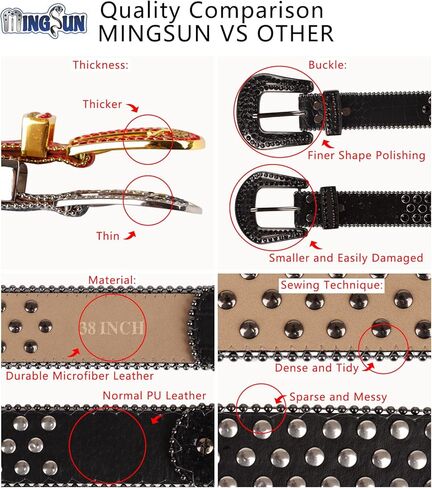 حزام MINGSUN بأحجار الراين للرجال والنساء، أحزمة جلدية عتيقة مرصعة بأحجار البقر الغربية متألقة لفساتين سراويل الجينز in Kuwait