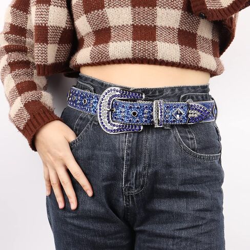 حزام MINGSUN بأحجار الراين للرجال والنساء، أحزمة جلدية عتيقة مرصعة بأحجار البقر الغربية متألقة لفساتين سراويل الجينز in Kuwait