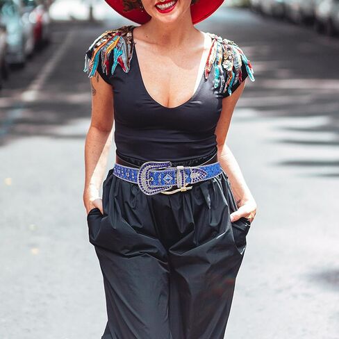 حزام MINGSUN بأحجار الراين للرجال والنساء، أحزمة جلدية عتيقة مرصعة بأحجار البقر الغربية متألقة لفساتين سراويل الجينز in Kuwait