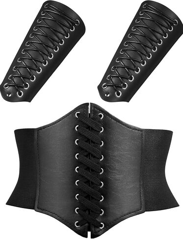 مشد خصر برباط للهالوين من ناجيل، حزام خصر عريض وقطعتين من سوار معصم جلدي لقفاز الرماية في العصور الوسطى، واقي معصم فايكنج لزي الهالوين (اسود) in Kuwait