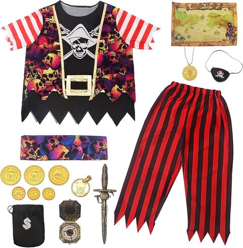 FUNCREVITY Pirate Costume Kids Coat Pants Hat With Accessories Deluxe Set for Pirate Party Pirate Cosplay in Kuwait
