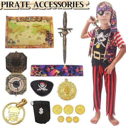 FUNCREVITY Pirate Costume Kids Coat Pants Hat With Accessories Deluxe Set for Pirate Party Pirate Cosplay in Kuwait