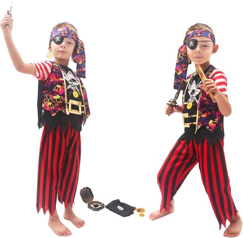 FUNCREVITY Pirate Costume Kids Coat Pants Hat With Accessories Deluxe Set for Pirate Party Pirate Cosplay in Kuwait
