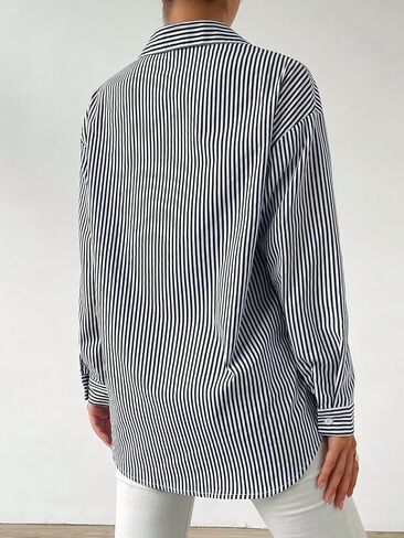قميص نسائي مخطط بأكمام طويلة وأزرار سفلية من SweatyRocks، بلوزة جيب كاجوال بياقة in Kuwait