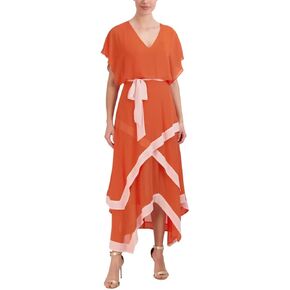 BCBGMAXAZRIA Women's V Neck Short Sleeve Flowy Maxi Tiered Handkerchief Dress in Saudi Arabia