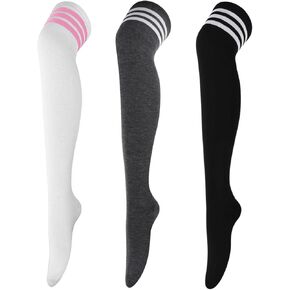DRESHOW 3 Pairs Thigh High Socks Striped Over Knee Thin Tights Long Stocking Knee High Leg Warmer