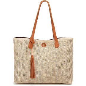 QZUnique Straw Handbags Women's Summer Beach Straw Bucket Tote Bag Straw Woven Handbag Tassel Shoulder Bag Purse