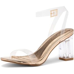 Shoe Land Womens CLLAARY-L Clear Heel Sandals Open Toe Ankle Strap Chunky Low Heeled Dress Party Pump Shoes