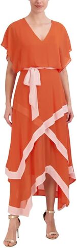 BCBGMAXAZRIA Women's V Neck Short Sleeve Flowy Maxi Tiered Handkerchief Dress in Saudi Arabia