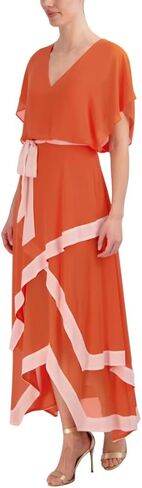 BCBGMAXAZRIA Women's V Neck Short Sleeve Flowy Maxi Tiered Handkerchief Dress in Saudi Arabia