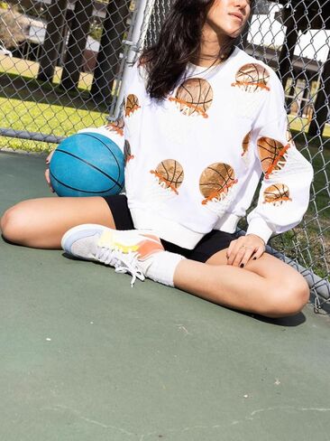 Womens Sparkle Basketball Hoop Sequin Sweatshirt Crewneck Oversized Long Sleeve Pullover Tops in Saudi Arabia