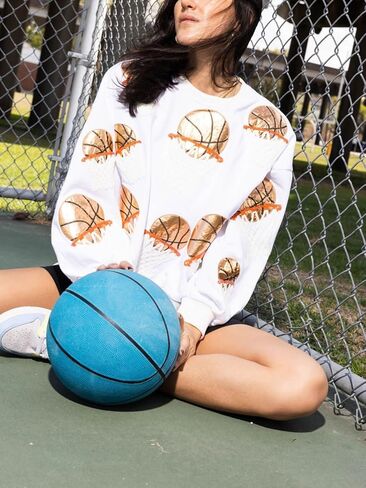 Womens Sparkle Basketball Hoop Sequin Sweatshirt Crewneck Oversized Long Sleeve Pullover Tops in Saudi Arabia