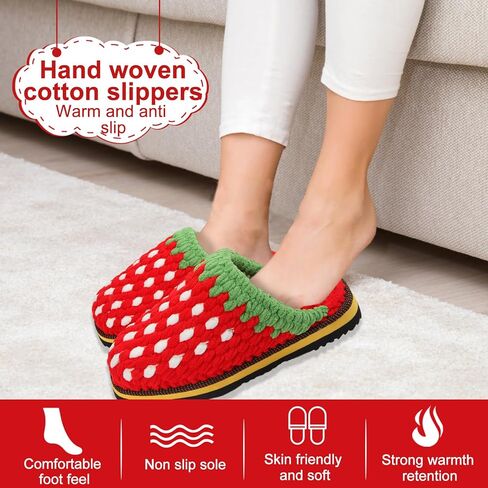 SamfuLoge شباشب قطنية مصنوعة يدويًا للنساء والرجال مزيج ألوان الفراولة والشتاء الدافئ ومضادة للانزلاق، شباشب قطنية مريحة وأحذية غرفة النوم المنزلية في الداخل والخارج in Kuwait