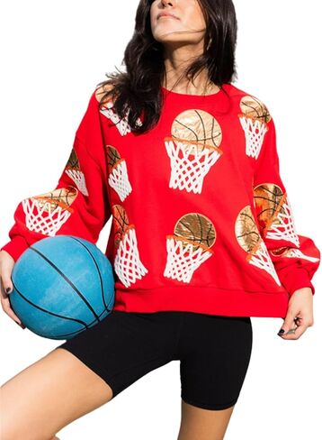 Womens Sparkle Basketball Hoop Sequin Sweatshirt Crewneck Oversized Long Sleeve Pullover Tops in Saudi Arabia
