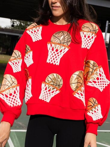 Womens Sparkle Basketball Hoop Sequin Sweatshirt Crewneck Oversized Long Sleeve Pullover Tops in Saudi Arabia
