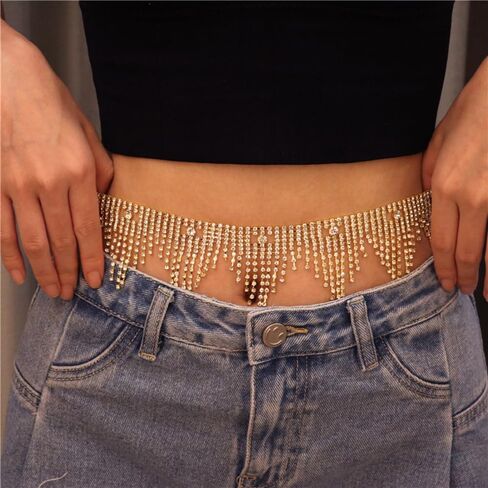 Xerling Rhinestone Fringe Tassels Waist Chains Belly Chain Bikini Body Chains Belt for Women Party Nightclub (Gold) in Saudi Arabia