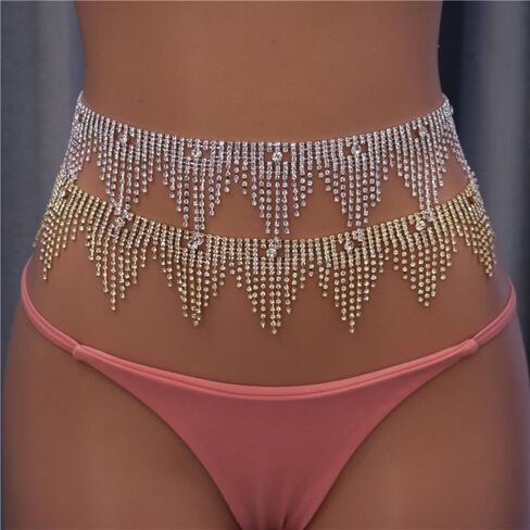 Xerling Rhinestone Fringe Tassels Waist Chains Belly Chain Bikini Body Chains Belt for Women Party Nightclub (Gold) in Saudi Arabia