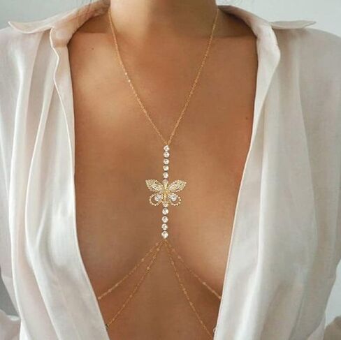Sinalty Boho سلسلة الصدر كريستال سلاسل الصدرية مجوهرات الجسم فراشة للنساء والفتيات in Kuwait