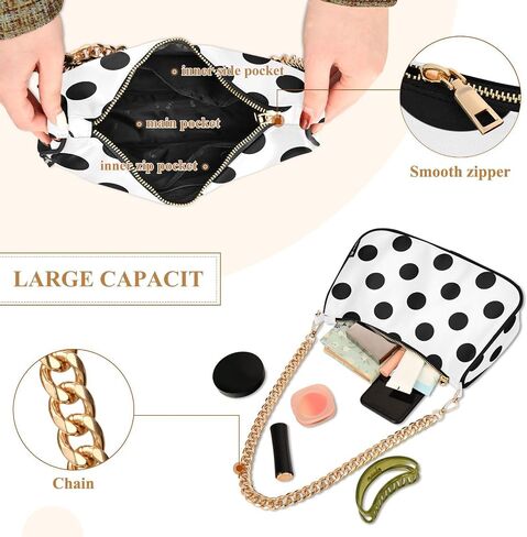Clutch Shoulder Bags Tote Evening Purse Handbags for Women Hobo Bags Polka Dots Black White with Zipper Closure in Saudi Arabia