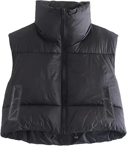 FSCONAGE Women Puffer Vest Vintage Crop Sleeveless Lightweight Cotton-Padded Zipper Crop Short Top Gilet Streetwear in Kuwait