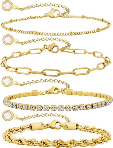 Gold Womens Ankle Bracelets Set, Gold Plated Cuban Link Anklets Tennis Rope Dainty Stackable Layered Anklet for Women Adjustable 8"+2" in Saudi Arabia