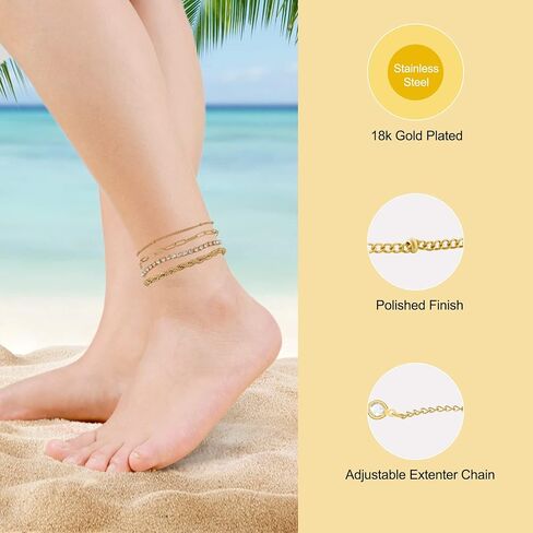 Gold Womens Ankle Bracelets Set, Gold Plated Cuban Link Anklets Tennis Rope Dainty Stackable Layered Anklet for Women Adjustable 8"+2" in Saudi Arabia