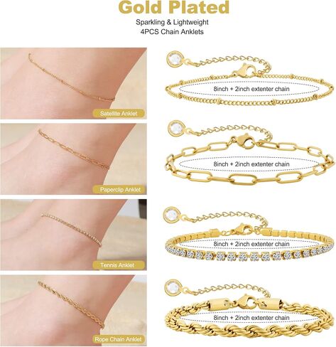 Gold Womens Ankle Bracelets Set, Gold Plated Cuban Link Anklets Tennis Rope Dainty Stackable Layered Anklet for Women Adjustable 8"+2" in Saudi Arabia