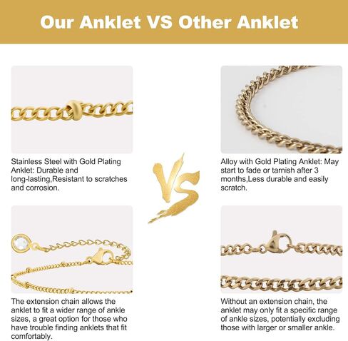 Gold Womens Ankle Bracelets Set, Gold Plated Cuban Link Anklets Tennis Rope Dainty Stackable Layered Anklet for Women Adjustable 8"+2" in Saudi Arabia