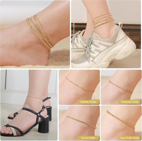 Gold Womens Ankle Bracelets Set, Gold Plated Cuban Link Anklets Tennis Rope Dainty Stackable Layered Anklet for Women Adjustable 8"+2" in Saudi Arabia