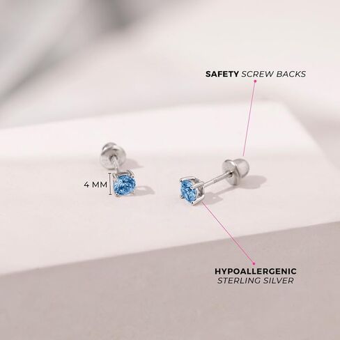 925 Sterling Silver 4mm Cubic Zirconia Screw Back Solitaire Earrings for Toddlers, Young Girls, and Teens - Classic and Elegant Blue CZ Prong Set Screw Back Earrings - Lightweight Studs in Saudi Arabia