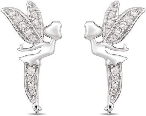 Jewelili Enchanted Disney Fine Jewelry Sterling Silver 1/10 CTTW Diamond Tinker Bell Earrings in Saudi Arabia