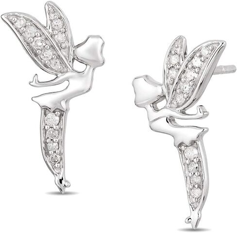 Jewelili Enchanted Disney Fine Jewelry Sterling Silver 1/10 CTTW Diamond Tinker Bell Earrings in Saudi Arabia
