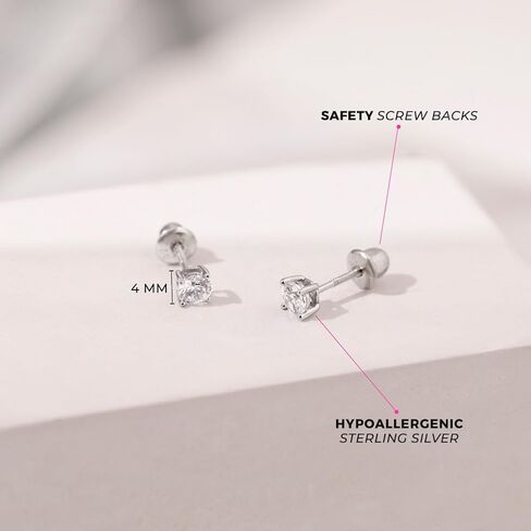 925 Sterling Silver 4mm Cubic Zirconia Screw Back Solitaire Earrings for Toddlers, Young Girls, and Teens - Classic and Elegant Blue CZ Prong Set Screw Back Earrings - Lightweight Studs in Saudi Arabia