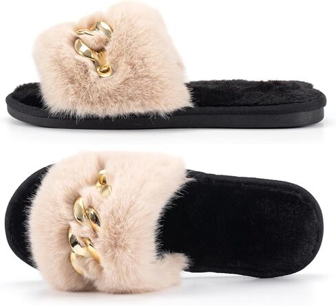 شبشب Sazujinwu الأنيق للنساء مع سلسلة لامعة | شبشب منزل داخلي من القطيفة الناعمة مفتوح الأصابع in Kuwait