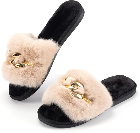 شبشب Sazujinwu الأنيق للنساء مع سلسلة لامعة | شبشب منزل داخلي من القطيفة الناعمة مفتوح الأصابع in Kuwait