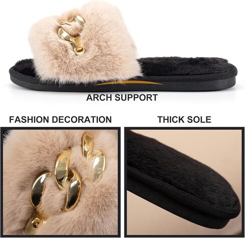 شبشب Sazujinwu الأنيق للنساء مع سلسلة لامعة | شبشب منزل داخلي من القطيفة الناعمة مفتوح الأصابع in Kuwait